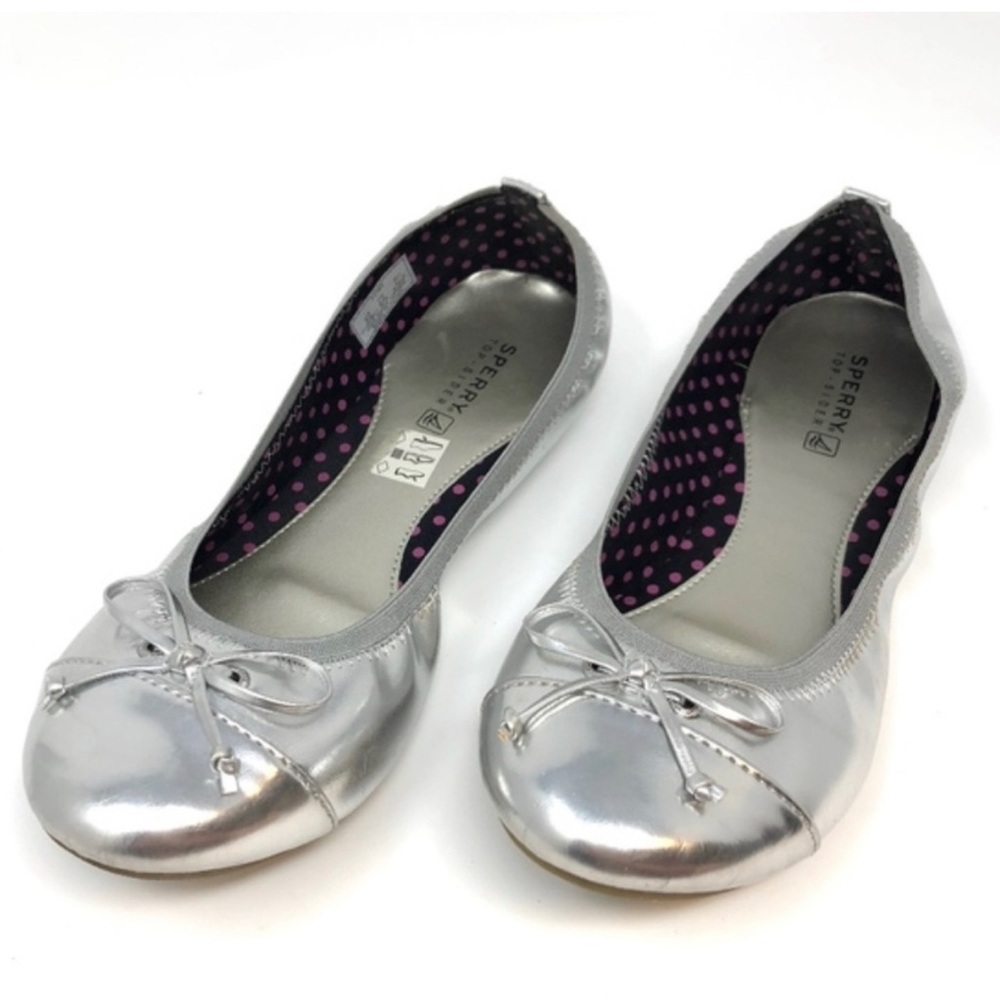 Sperry Elise Silver Metallic Bow Tie Flats Shoes 5M